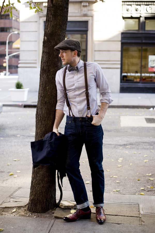 Vintage Leather braces / suspenders with bow tie and cool hat